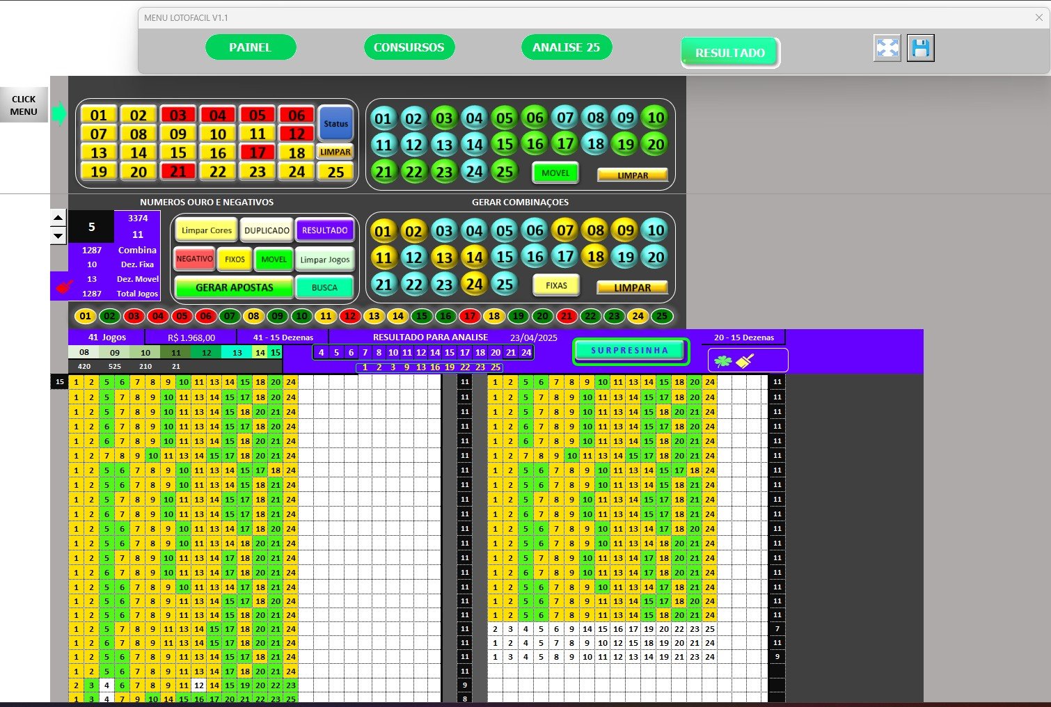 LOTO FACIL INTER - Gere jogos com