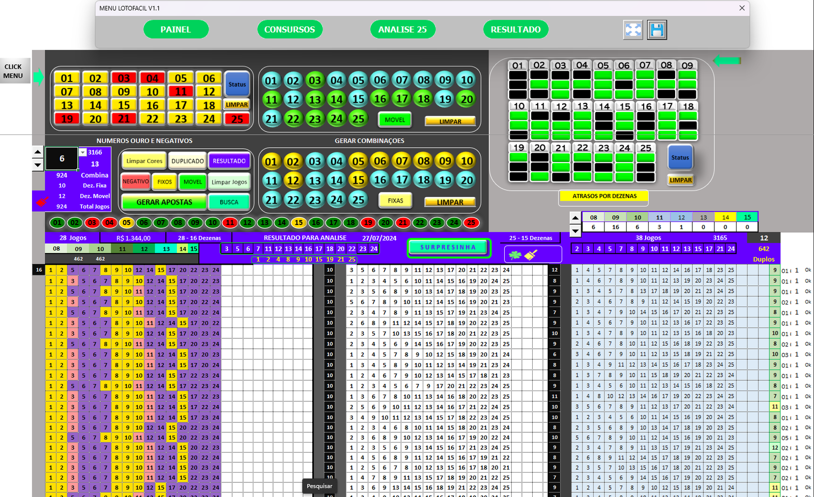 LOTOFACILSUPER - Planilha Avançada - Análises dos